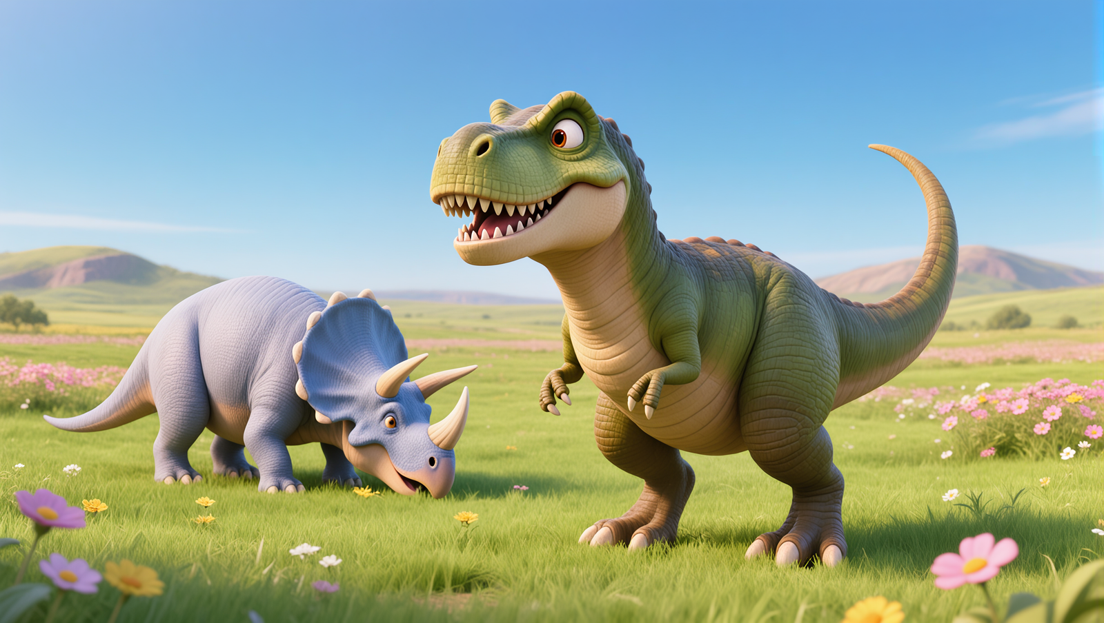 Cretaceous period landscape with T-Rex and Triceratops, 145 to 66 million years ago